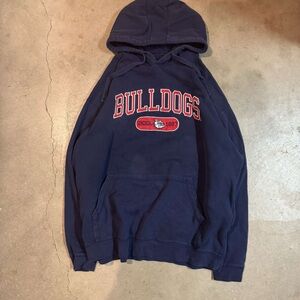 Blue Hooded Sweatshirt with Bulldogs Text and Classic Design